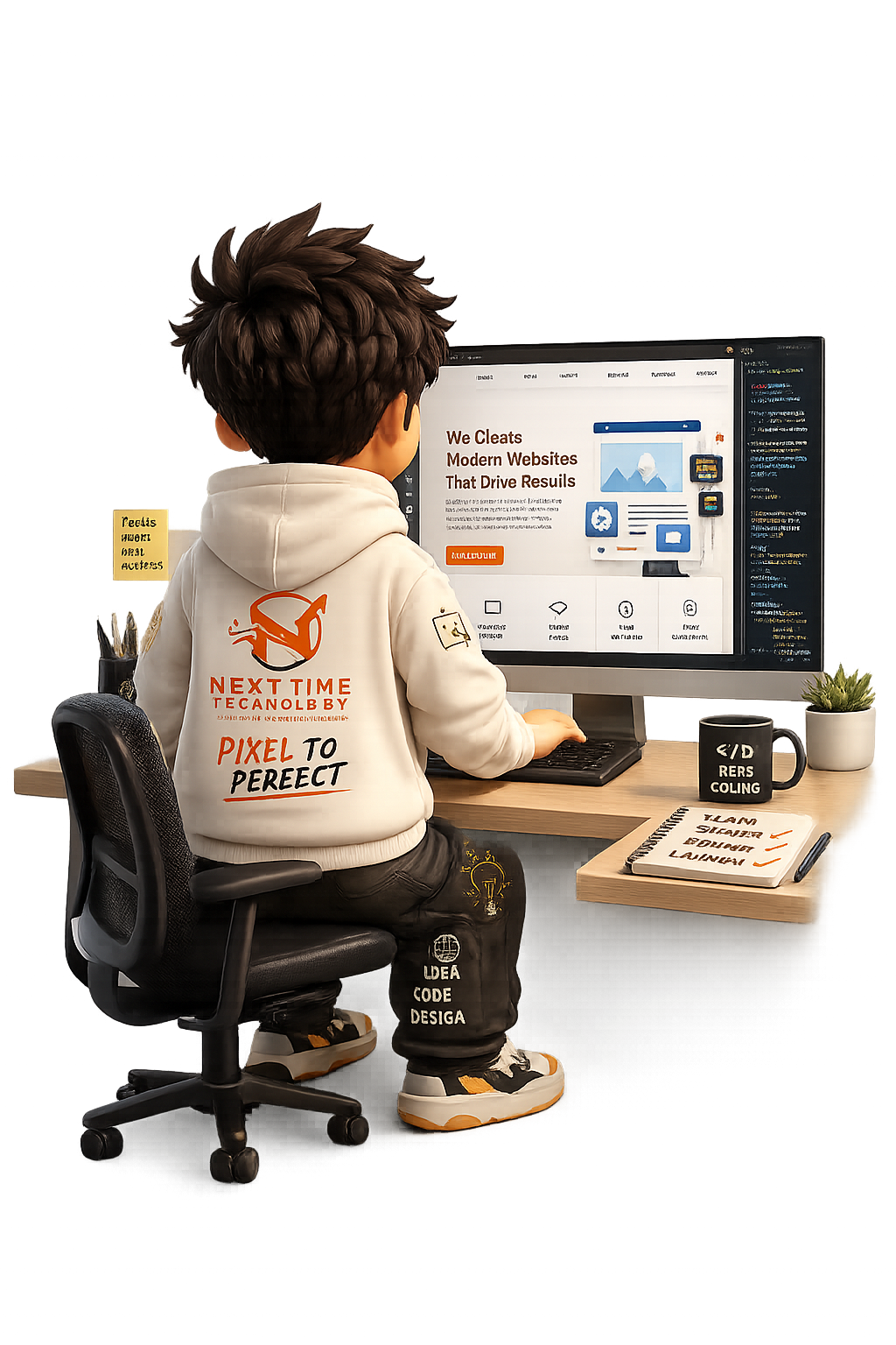 Next Time Technology mascot back view, hoodie reading Pixel to Perfect